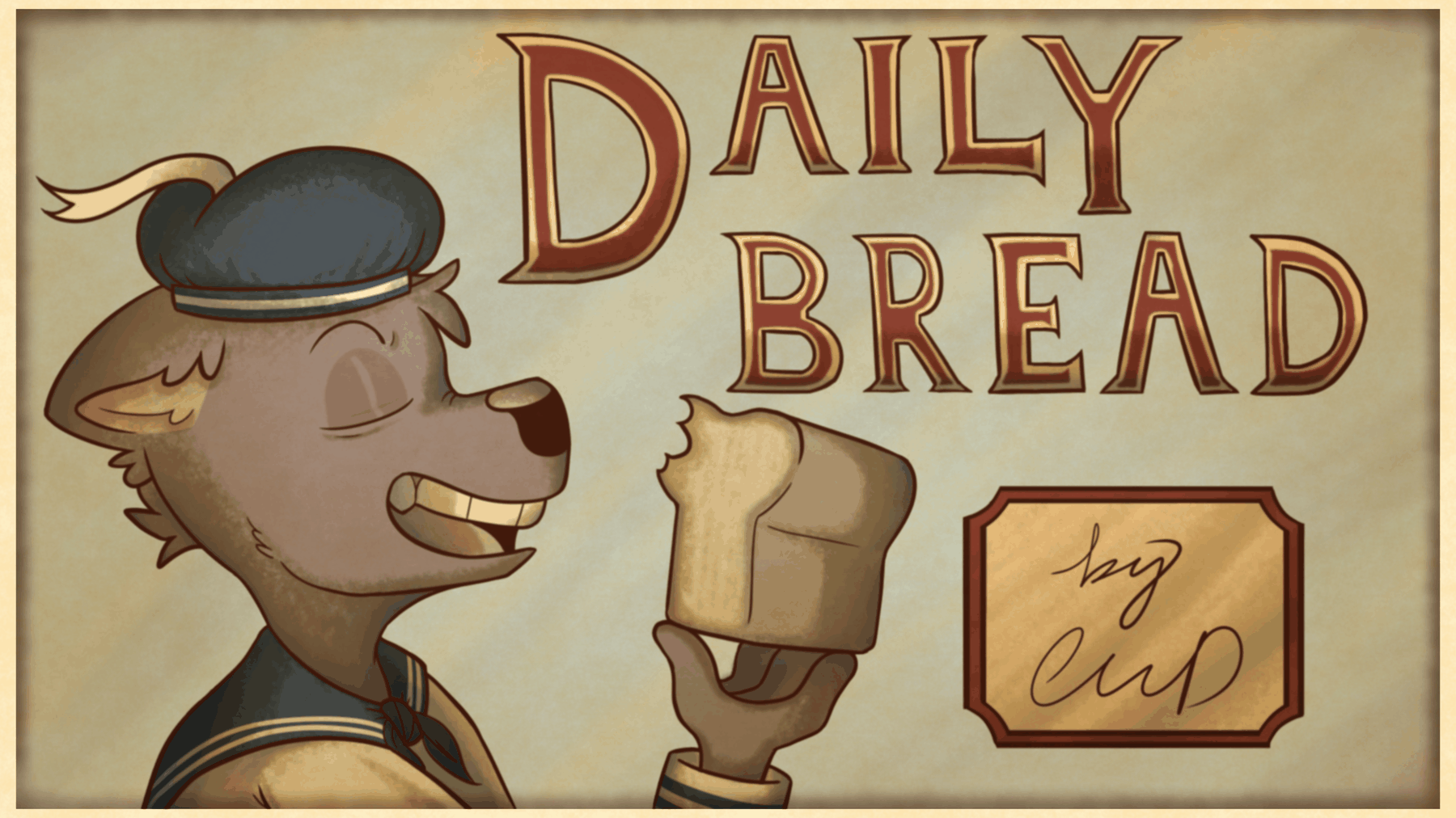 Daily Bread poster: a young clown boy in Victorian dress holds up a bitten loaf of bread, beaming.