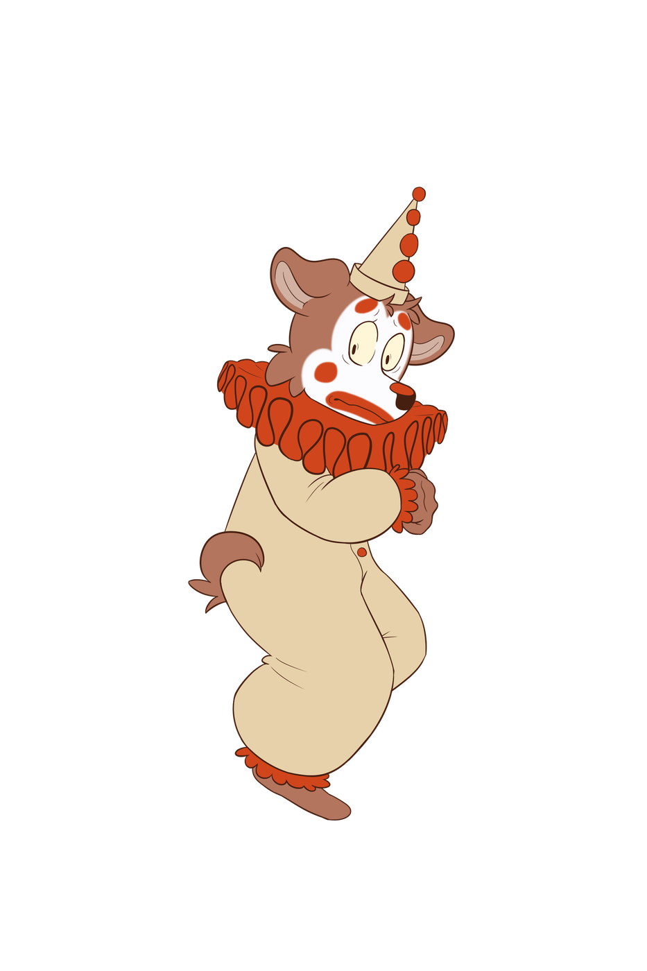 Darwin the clown, standing in his ruffled Victorian clown costume.