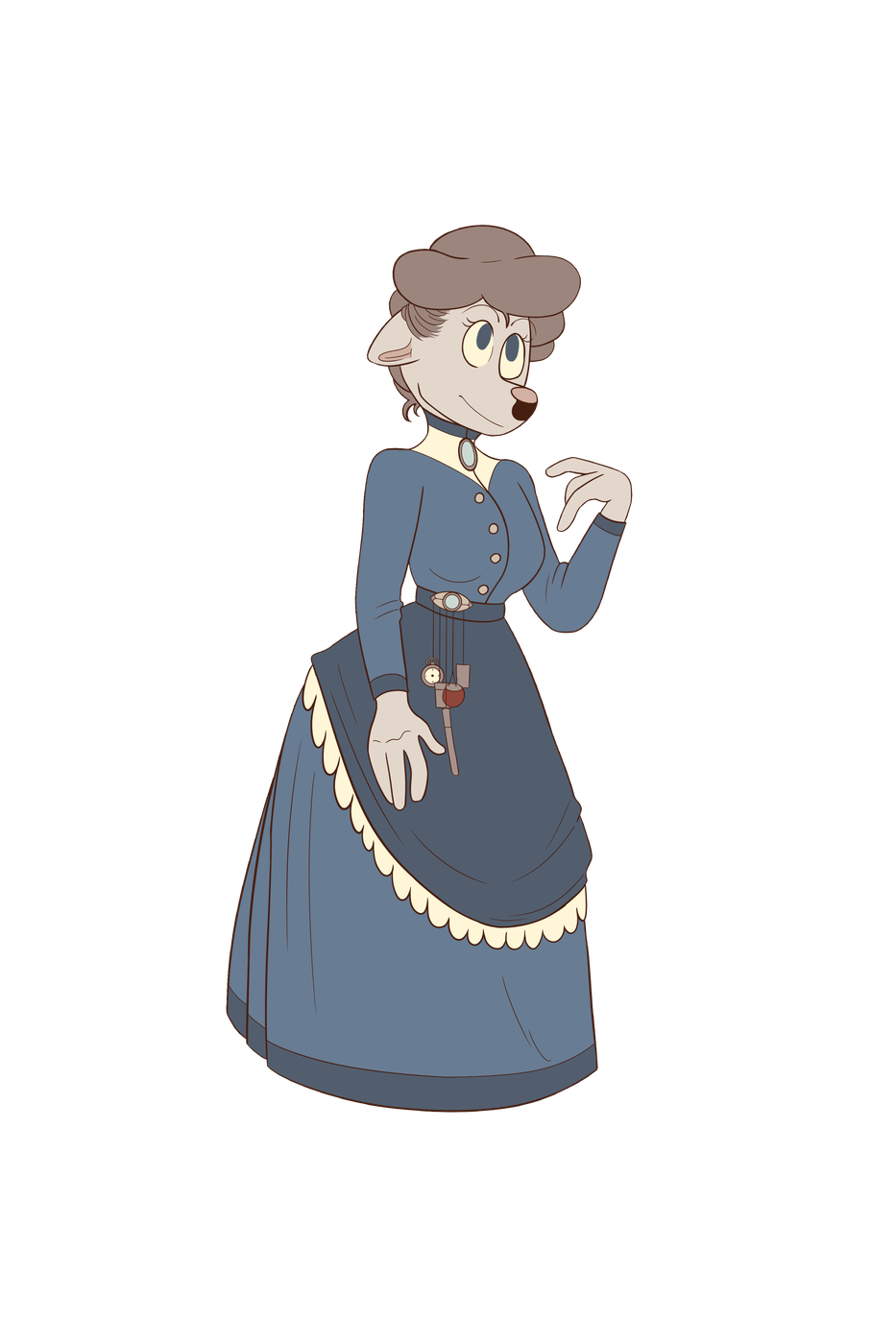 Willow, an elegant Victorian bakery customer in a blue dress with a watch-chain and locket.